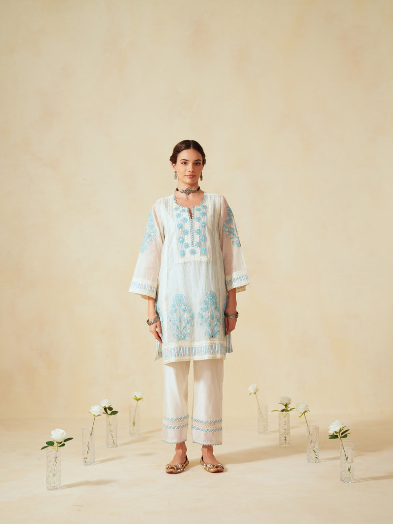 SKY BLUE AND OFF-WHITE COTTON CHANDERI SHORT A-LINE KURTA WITH PANT