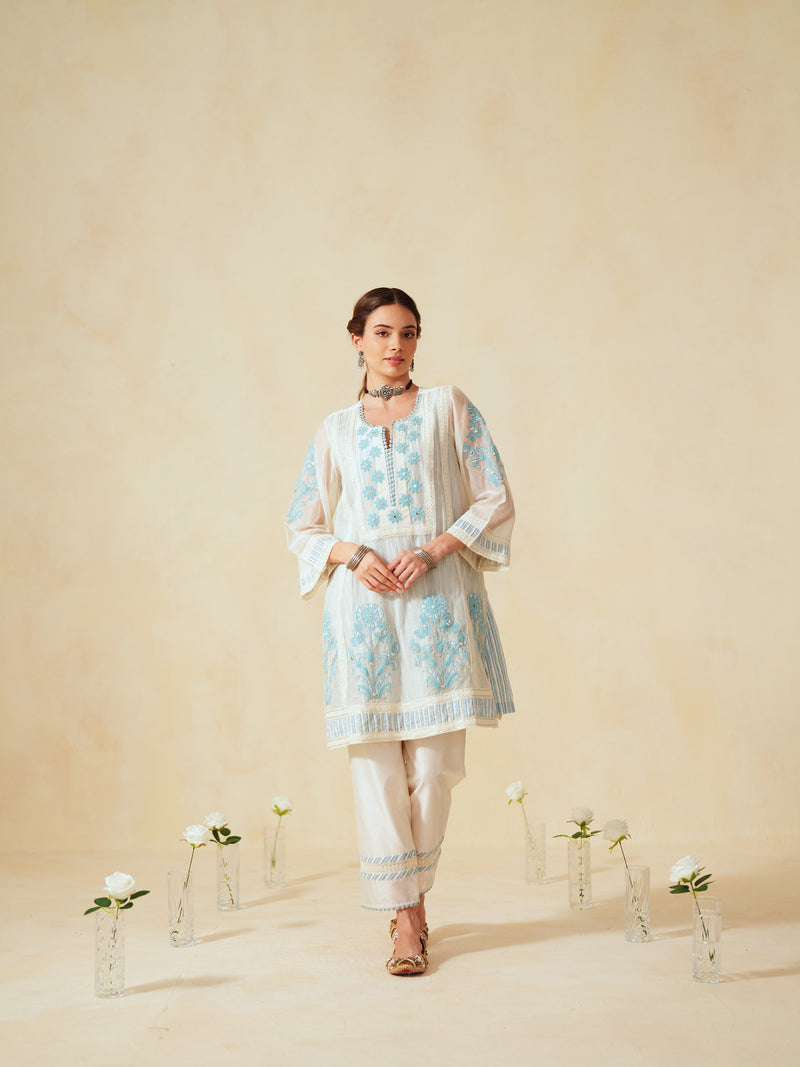 SKY BLUE AND OFF-WHITE COTTON CHANDERI SHORT A-LINE KURTA WITH PANT