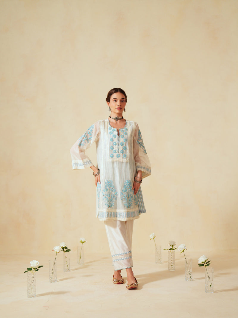 SKY BLUE AND OFF-WHITE COTTON CHANDERI SHORT A-LINE KURTA WITH PANT