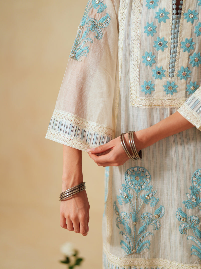 SKY BLUE AND OFF-WHITE COTTON CHANDERI SHORT A-LINE KURTA WITH PANT