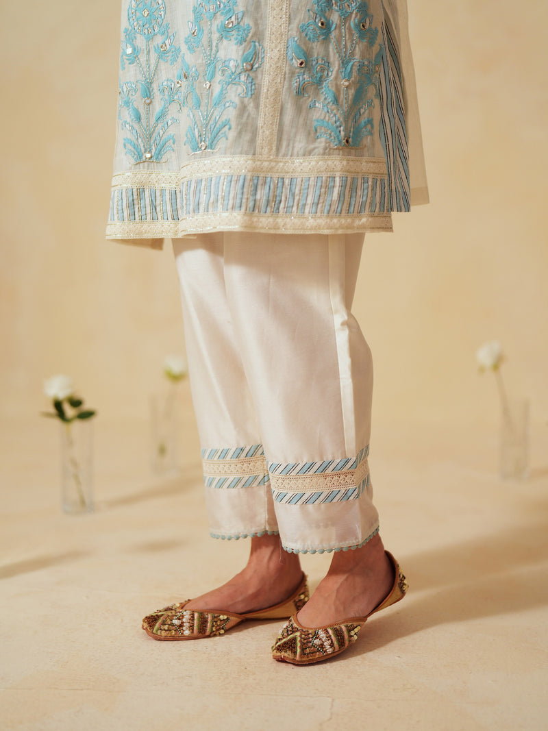 SKY BLUE AND OFF-WHITE COTTON CHANDERI SHORT A-LINE KURTA WITH PANT