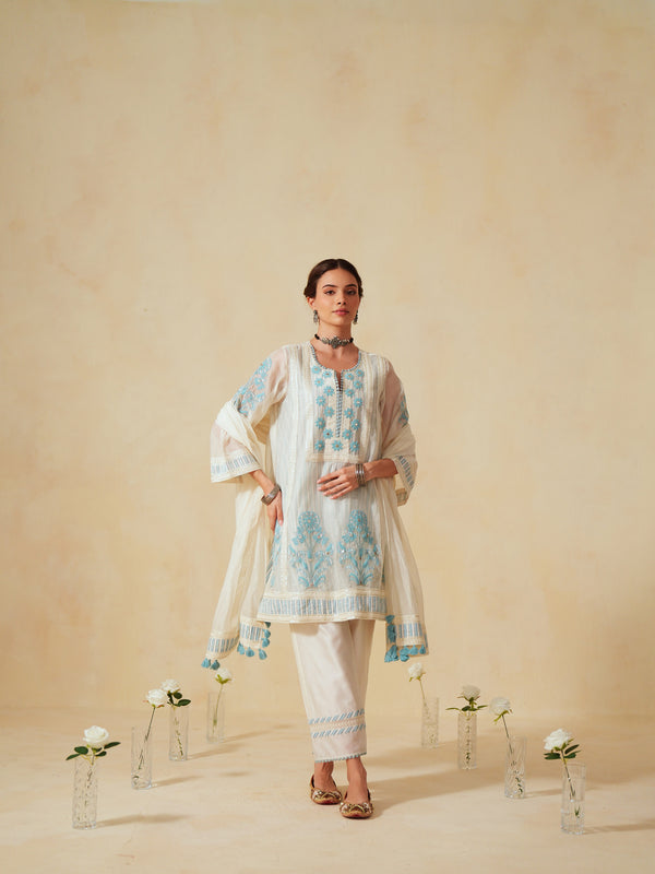 SKY BLUE AND OFF-WHITE COTTON CHANDERI SHORT A-LINE KURTA WITH PANT