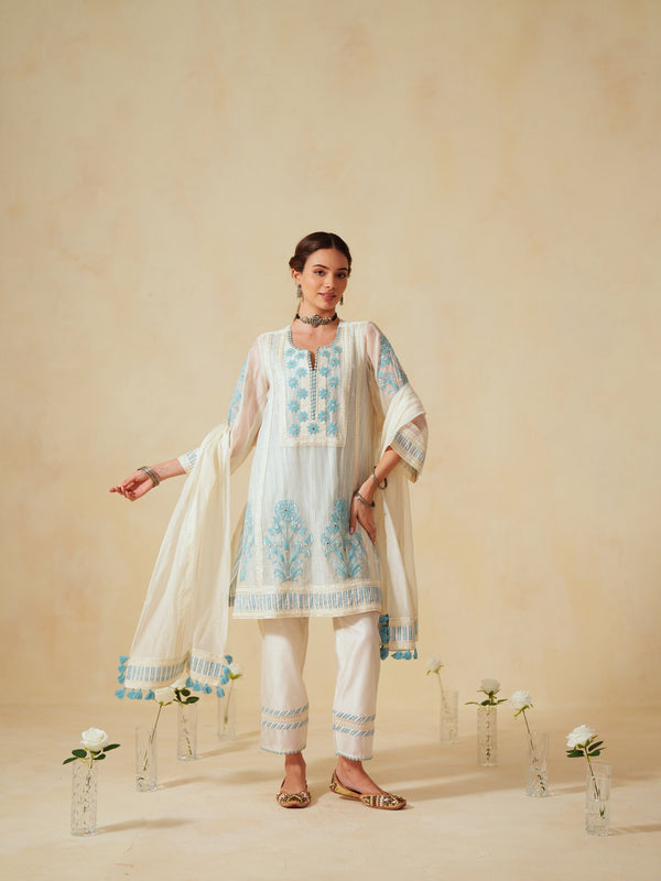 SKY BLUE AND OFF-WHITE COTTON CHANDERI SHORT A-LINE KURTA WITH PANT