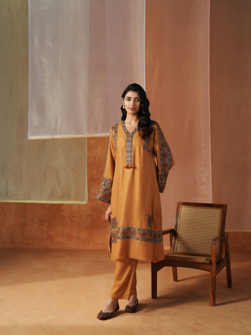 MUSTARD PASHMINA STRAIGHT KURTA WITH PANT AND STOLE