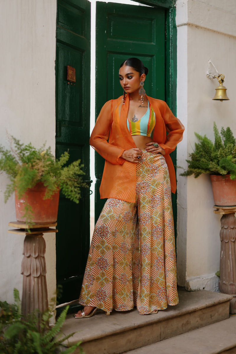Rangoli Cropped Blouse With Flared Pant and Rust Organza Jacket-Set of 3