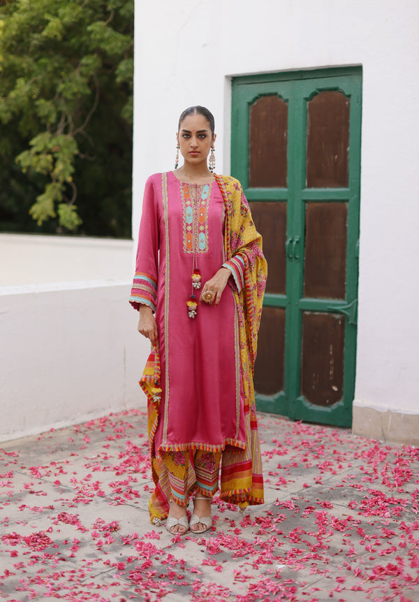 Fuschia Pink A-Line Kurta with Yellow Rani Bagh Printed Pakistani Salwar & Dupatta-Set of  3