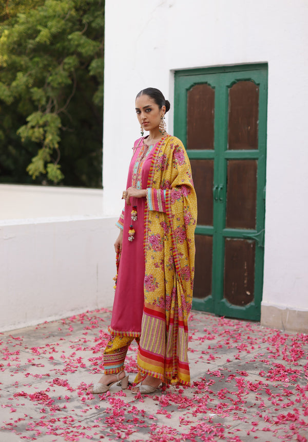 Fuschia Pink A-Line Kurta with Yellow Rani Bagh Printed Pakistani Salwar & Dupatta-Set of  3