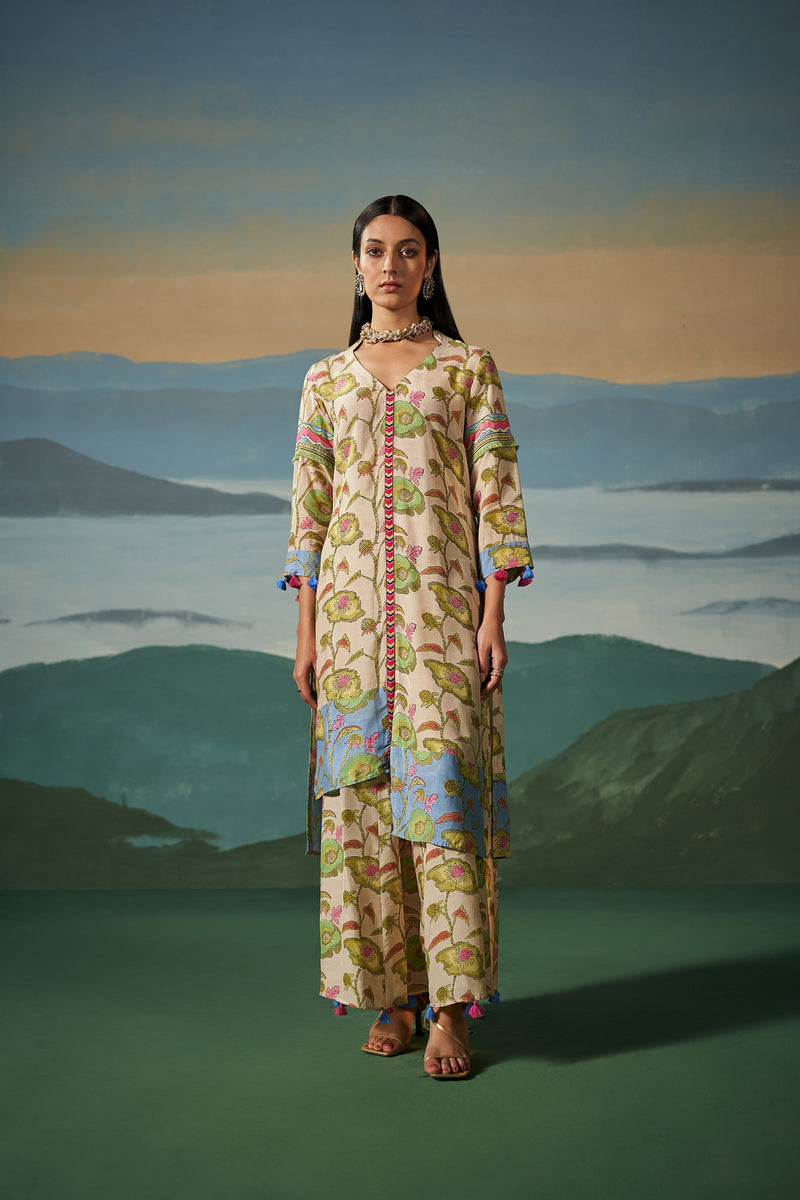 Rabia Asymmetrical Kurta with Flared Pant and Scarf- Set of 3 SALE