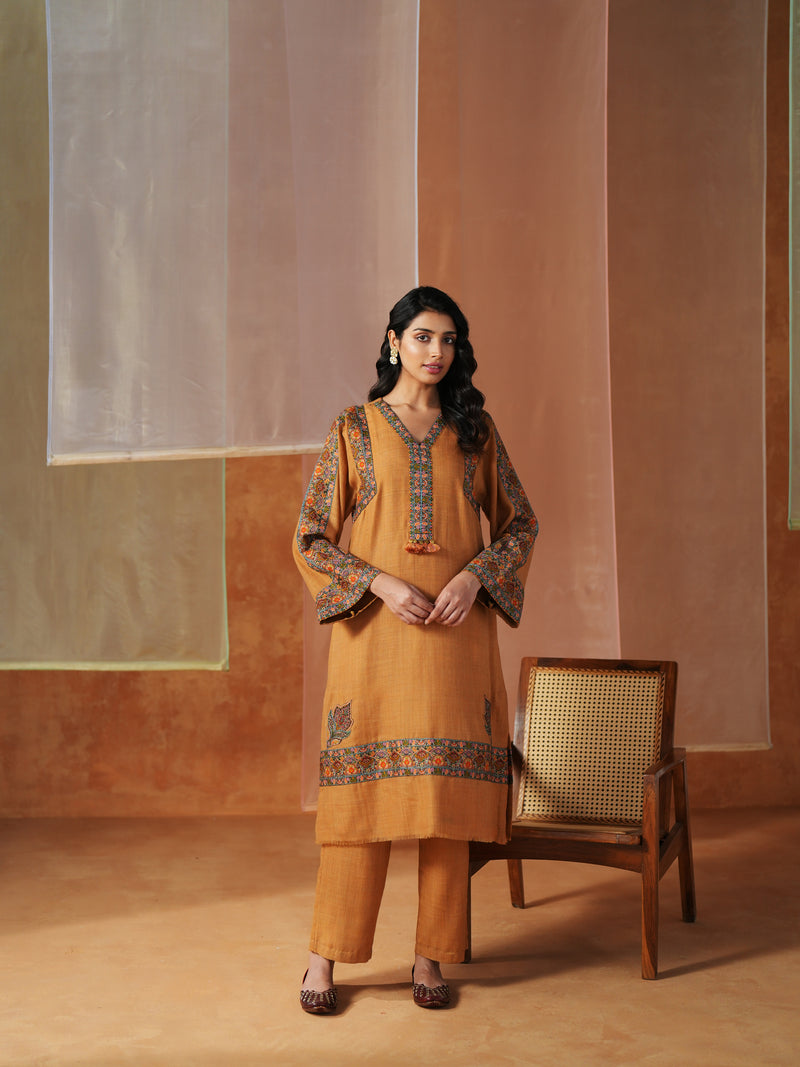 MUSTARD PASHMINA STRAIGHT KURTA WITH PANT AND STOLE