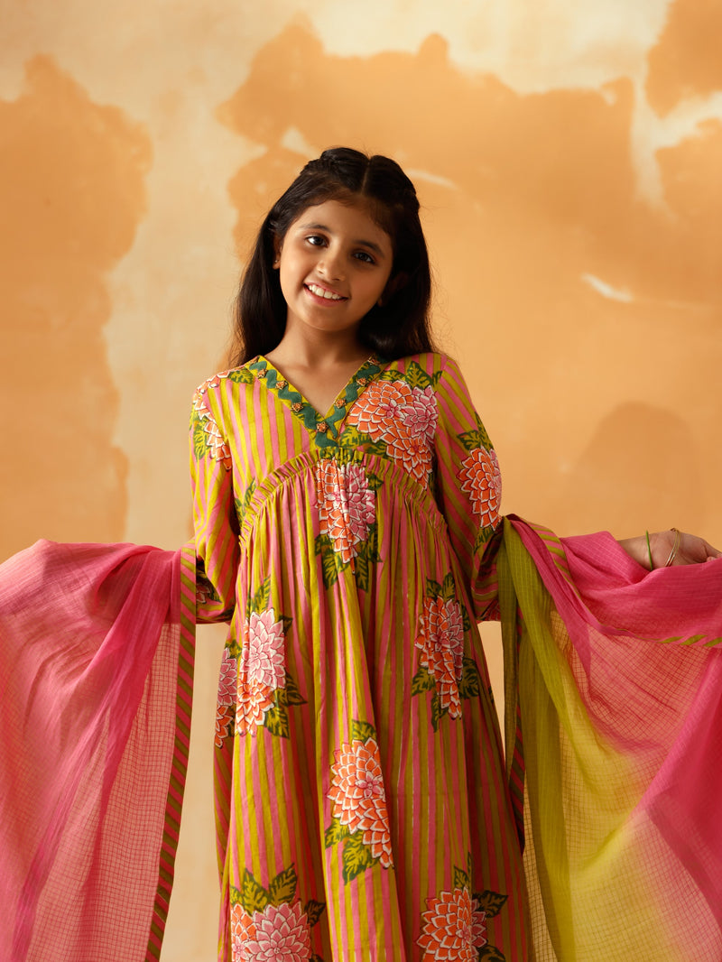 YAMINI PINK AND LIME GREEN V-NECK FLARED SHORT KURTA WITH PANT AND DUPATTA  SET - SET OF 3