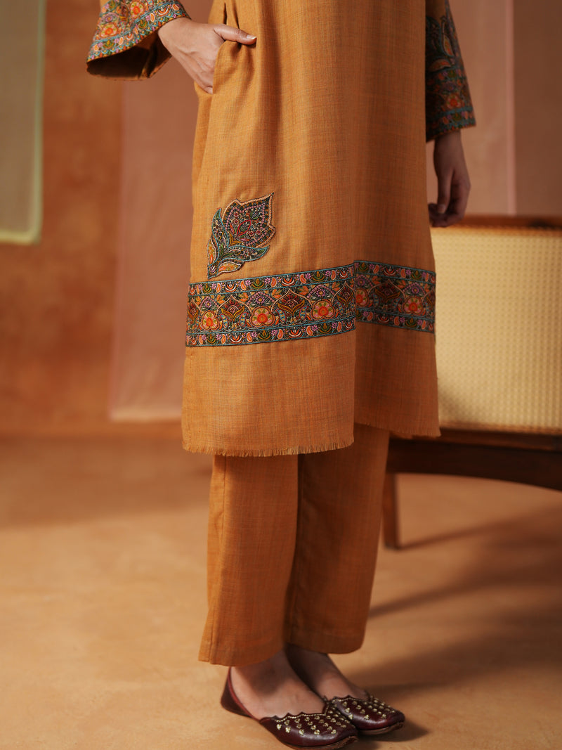 MUSTARD PASHMINA STRAIGHT KURTA WITH PANT AND STOLE