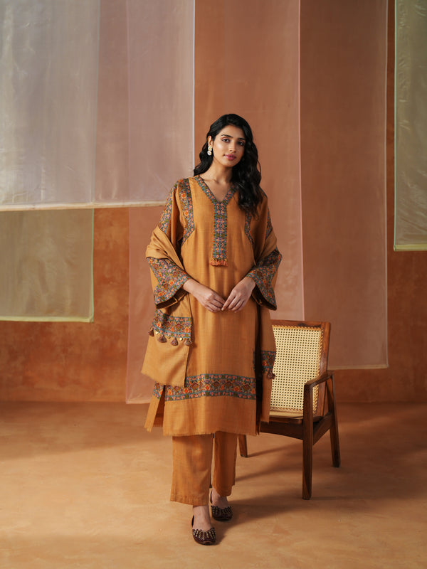 MUSTARD PASHMINA STRAIGHT KURTA WITH PANT AND STOLE