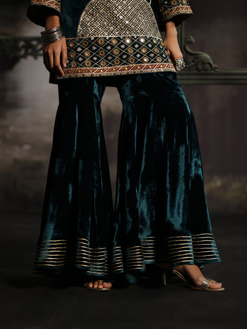 Peacock Blue Velvet Short Kurta with Gharara and Dupatta- Set of 3