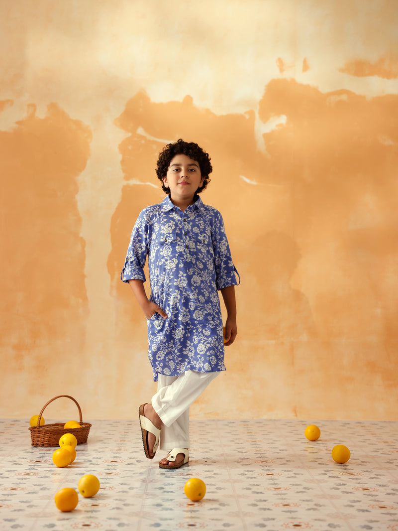 JUHI BLUE FLORAL COLLARED BOYS KURTA SET - SET OF 2