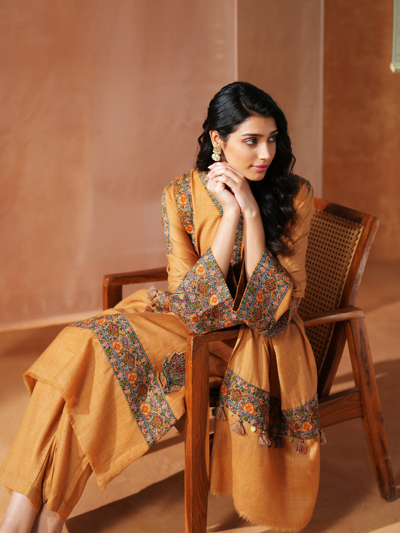 MUSTARD PASHMINA STRAIGHT KURTA WITH PANT AND STOLE