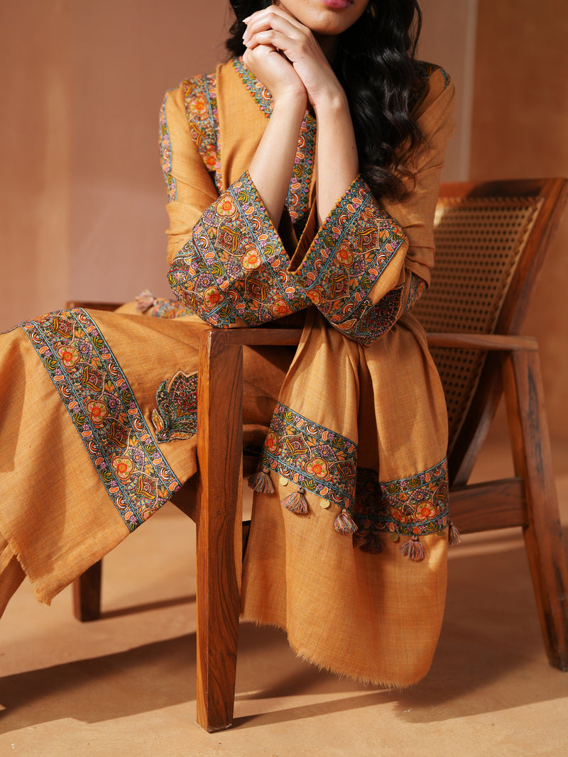 MUSTARD PASHMINA STRAIGHT KURTA WITH PANT AND STOLE