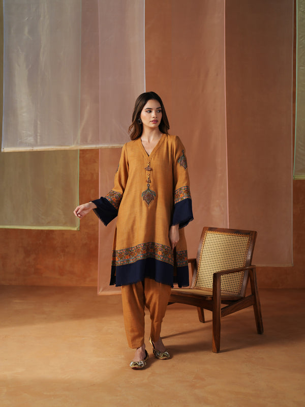MUSTARD AND NAVY BLUE PASHMINA SHORT KURTA WITH SALWAR AND STOLE