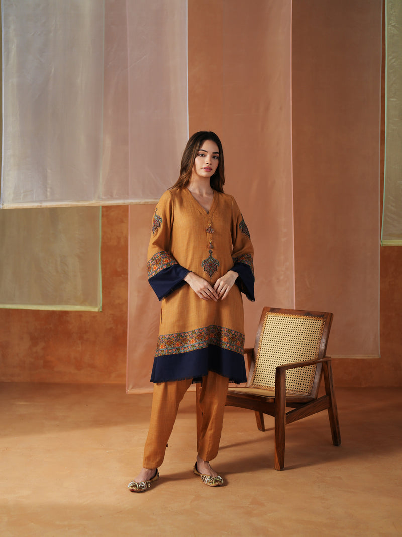 MUSTARD AND NAVY BLUE PASHMINA SHORT KURTA WITH SALWAR AND STOLE