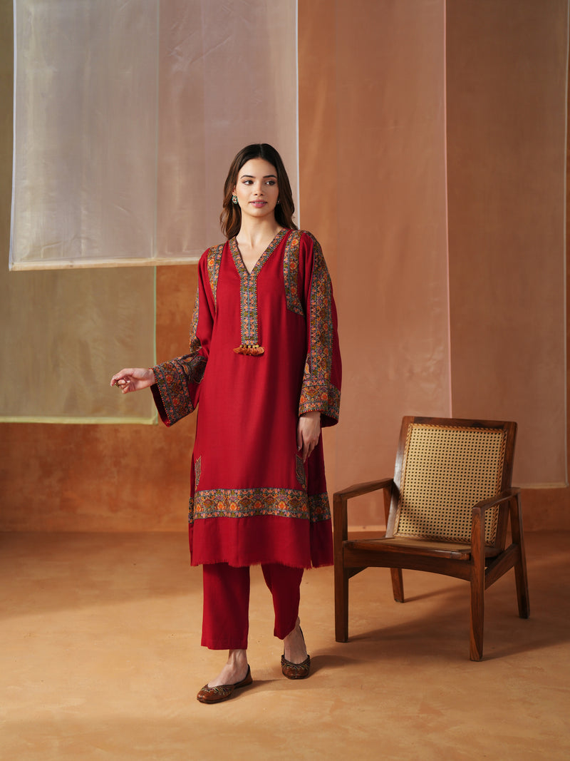 RED PASHMINA STRAIGHT KURTA WITH PANT AND STOLE