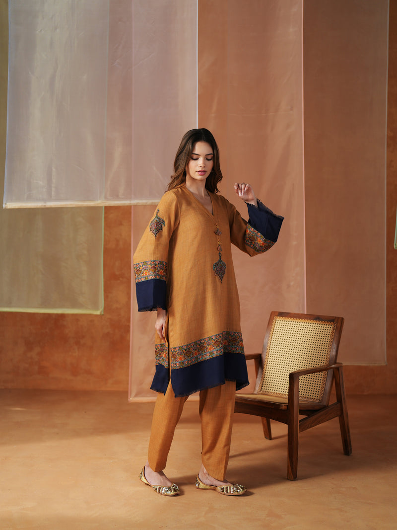 MUSTARD AND NAVY BLUE PASHMINA SHORT KURTA WITH SALWAR AND STOLE
