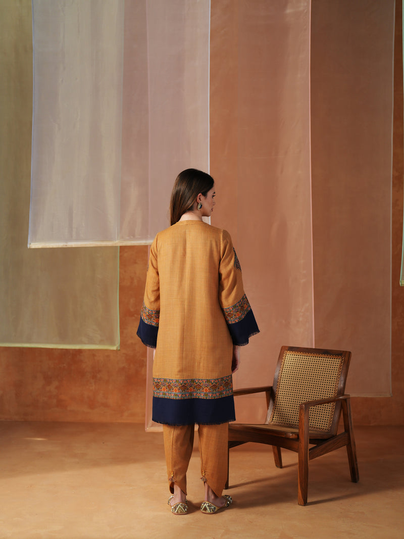 MUSTARD AND NAVY BLUE PASHMINA SHORT KURTA WITH SALWAR AND STOLE