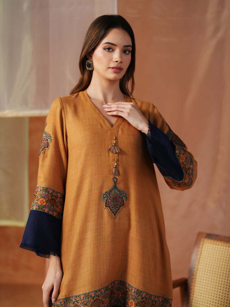 MUSTARD AND NAVY BLUE PASHMINA SHORT KURTA WITH SALWAR AND STOLE