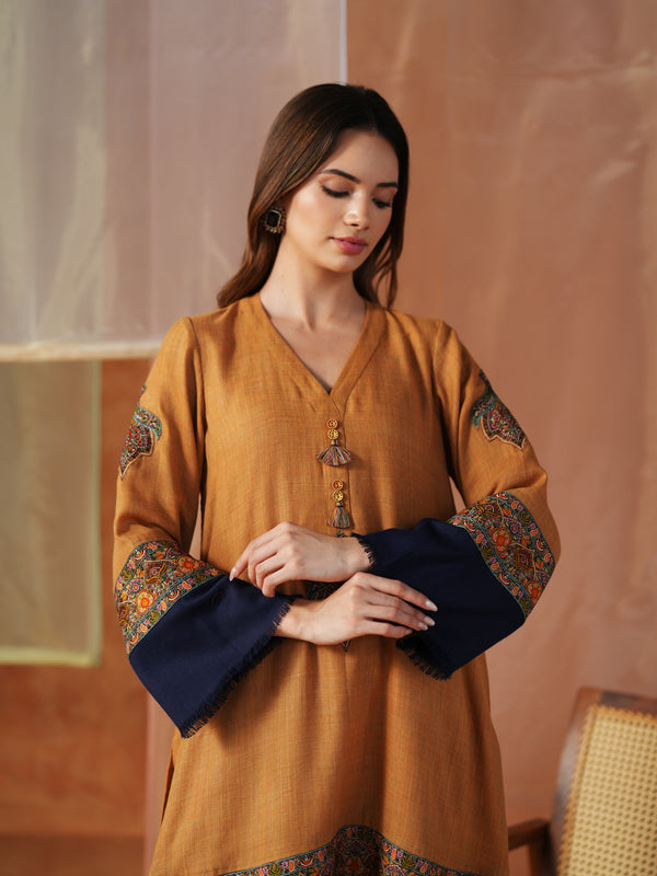 MUSTARD AND NAVY BLUE PASHMINA SHORT KURTA WITH SALWAR AND STOLE