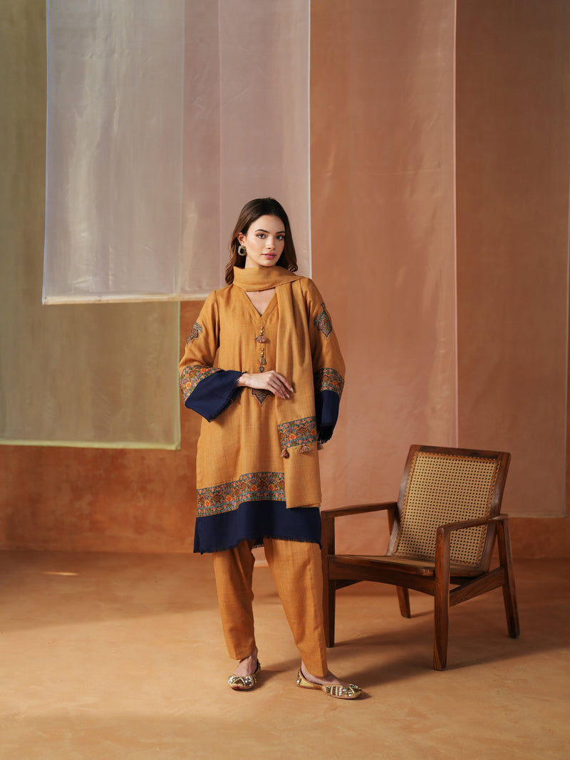 MUSTARD AND NAVY BLUE PASHMINA SHORT KURTA WITH SALWAR AND STOLE