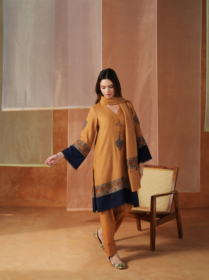 MUSTARD AND NAVY BLUE PASHMINA SHORT KURTA WITH SALWAR AND STOLE