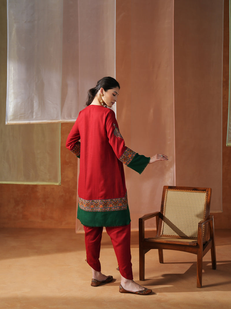 RED AND GREEN PASHMINA SHORT KURTA WITH SALWAR AND STOLE