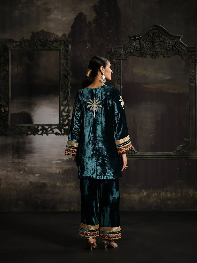 Peacock Blue Velvet Short Kurta with Pant- Set of 2