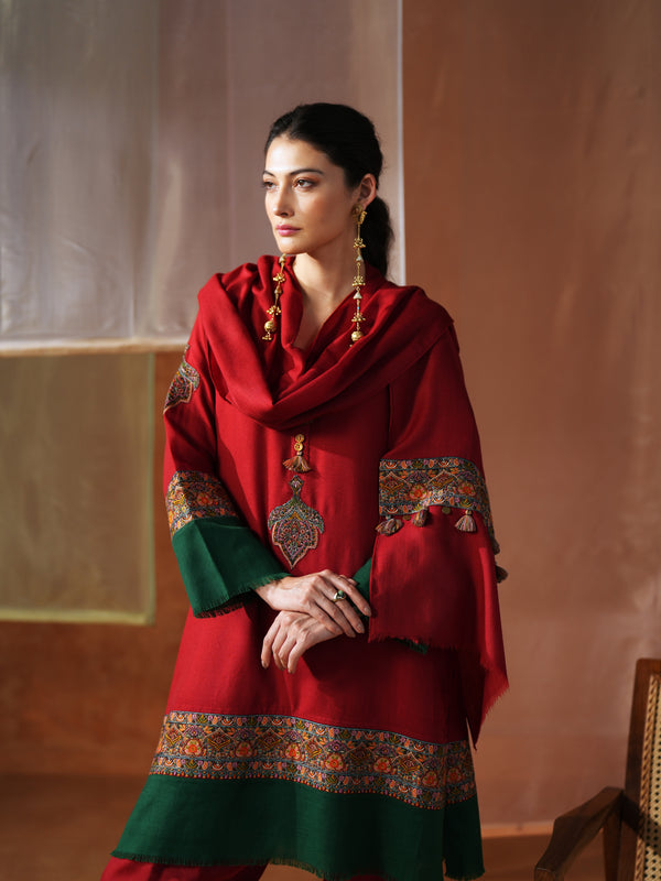 RED AND GREEN PASHMINA SHORT KURTA WITH SALWAR AND STOLE