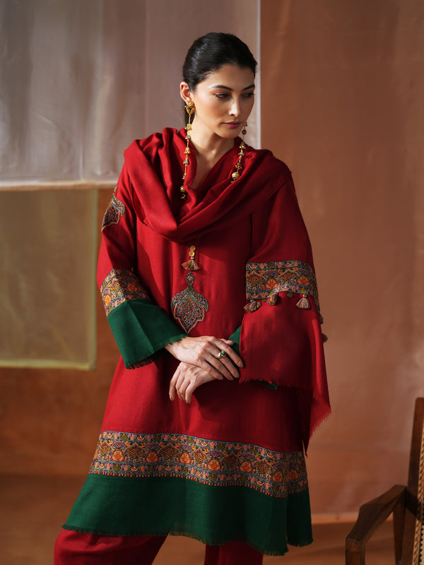 RED AND GREEN PASHMINA SHORT KURTA WITH SALWAR AND STOLE