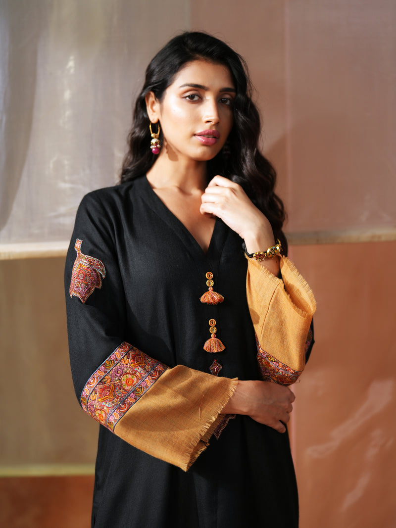 BLACK AND MUSTARD PASHMINA SHORT KURTA WITH SALWAR AND STOLE
