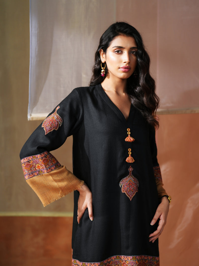 BLACK AND MUSTARD PASHMINA SHORT KURTA WITH SALWAR AND STOLE