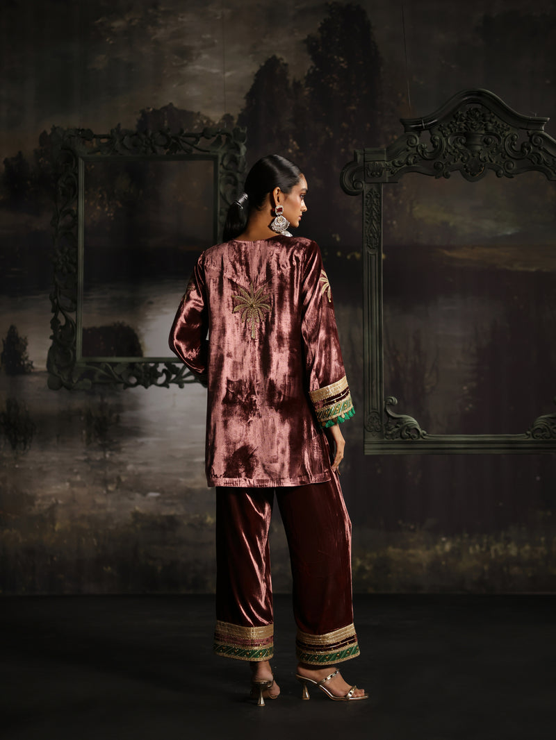 Dusty Rose  Velvet Short Kurta with Pant- Set of 2