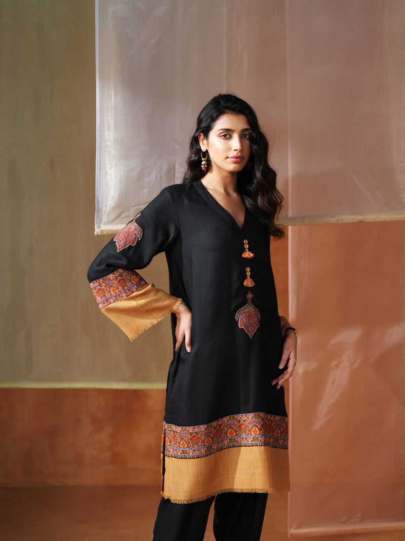BLACK AND MUSTARD PASHMINA SHORT KURTA WITH SALWAR AND STOLE