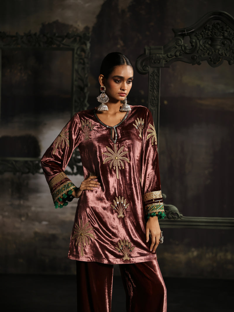 Dusty Rose  Velvet Short Kurta with Pant- Set of 2