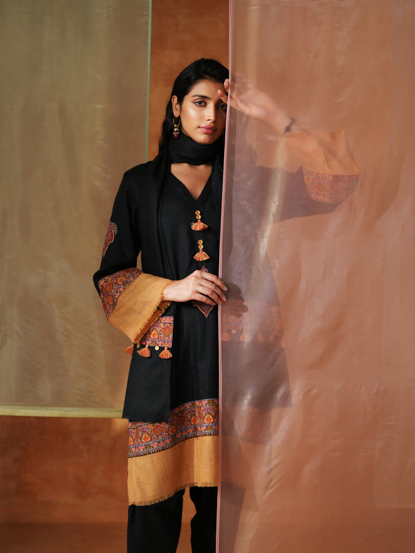 BLACK AND MUSTARD PASHMINA SHORT KURTA WITH SALWAR AND STOLE