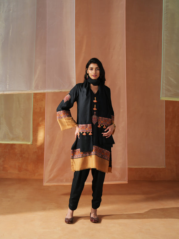BLACK AND MUSTARD PASHMINA SHORT KURTA WITH SALWAR AND STOLE