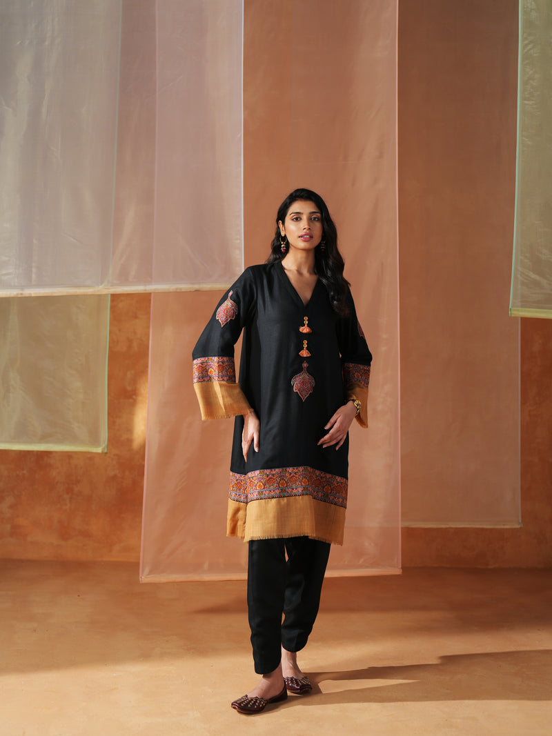 BLACK AND MUSTARD PASHMINA SHORT KURTA WITH SALWAR AND STOLE