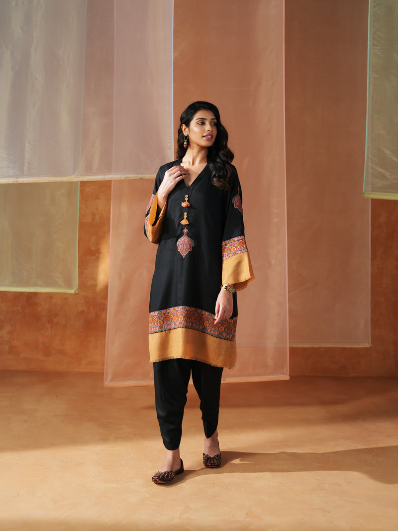 BLACK AND MUSTARD PASHMINA SHORT KURTA WITH SALWAR AND STOLE