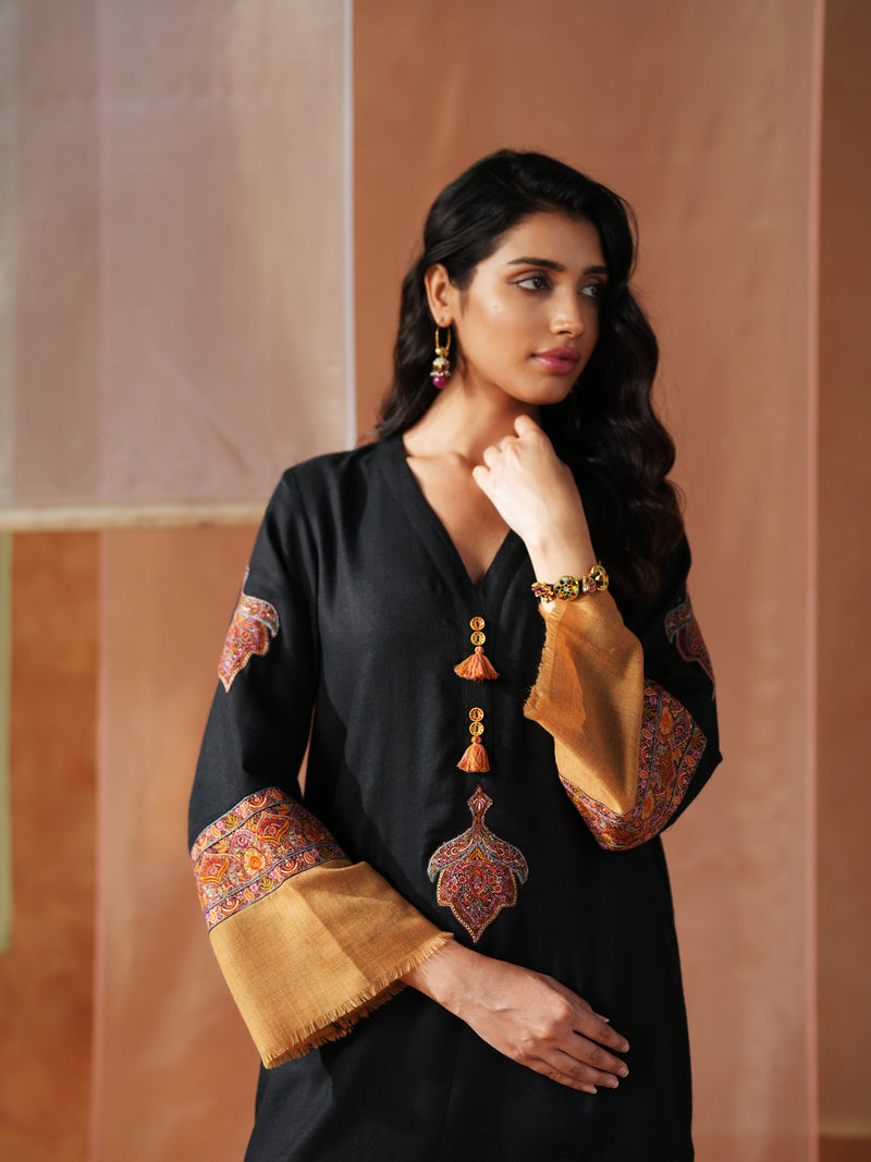 BLACK AND MUSTARD PASHMINA SHORT KURTA WITH SALWAR AND STOLE