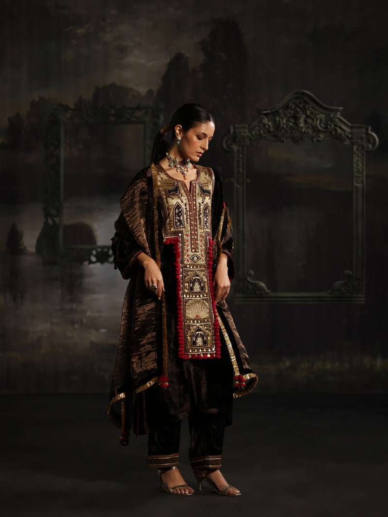 Dark Brown Velvet Long Yoke Asymmetrical Kurta with Pant and Dupatta- Set of 3