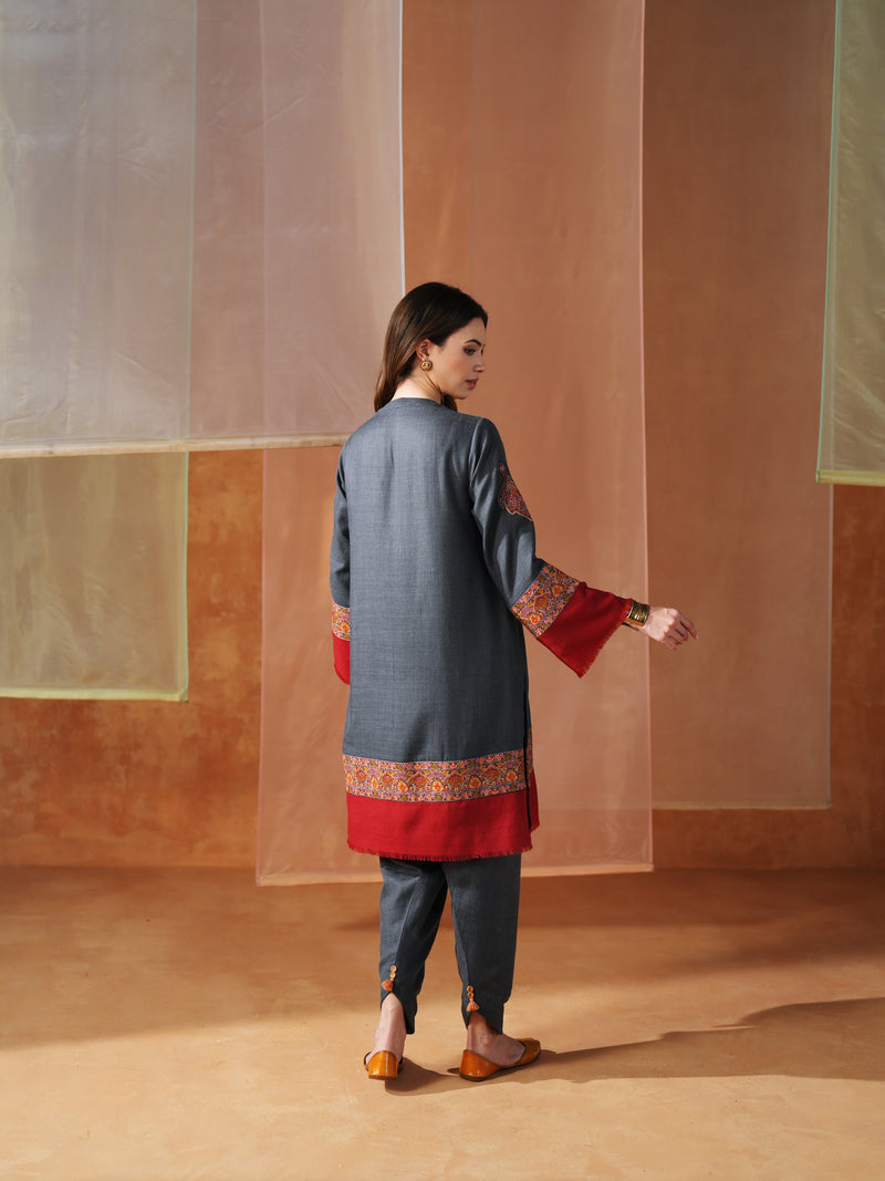 GREY AND RED PASHMINA SHORT KURTA WITH SALWAR AND STOLE