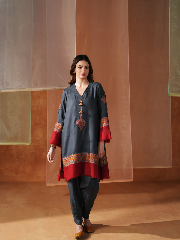 GREY AND RED PASHMINA SHORT KURTA WITH SALWAR AND STOLE
