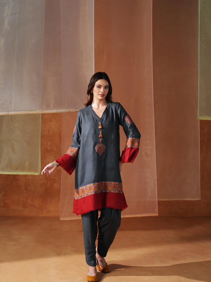 GREY AND RED PASHMINA SHORT KURTA WITH SALWAR AND STOLE