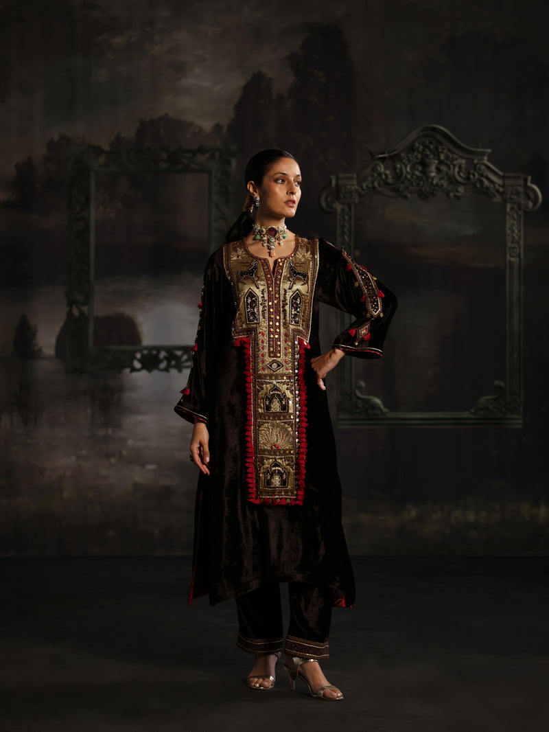 Dark Brown Velvet Long Yoke Asymmetrical Kurta with Pant and Dupatta- Set of 3