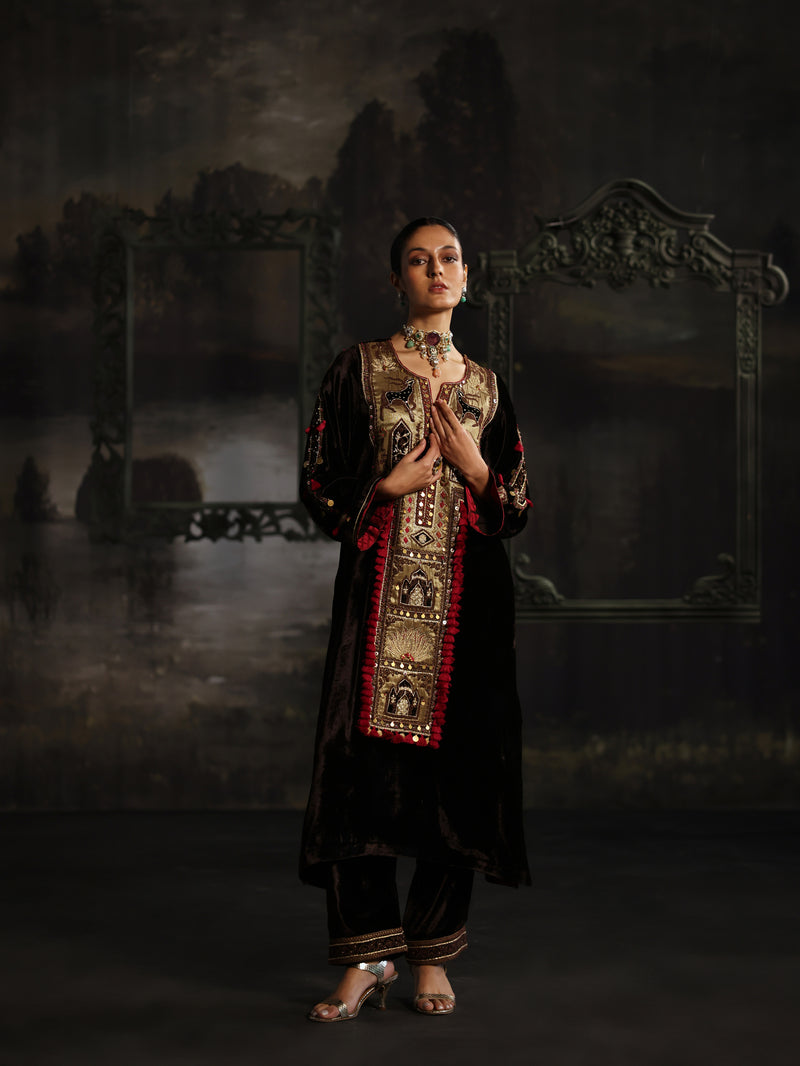 Dark Brown Velvet Long Yoke Asymmetrical Kurta with Pant and Dupatta- Set of 3