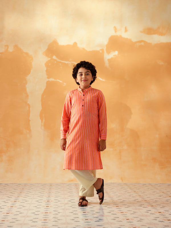 PINK AND ORANGE STRIPED  BOYS KURTA SET - SET OF 2